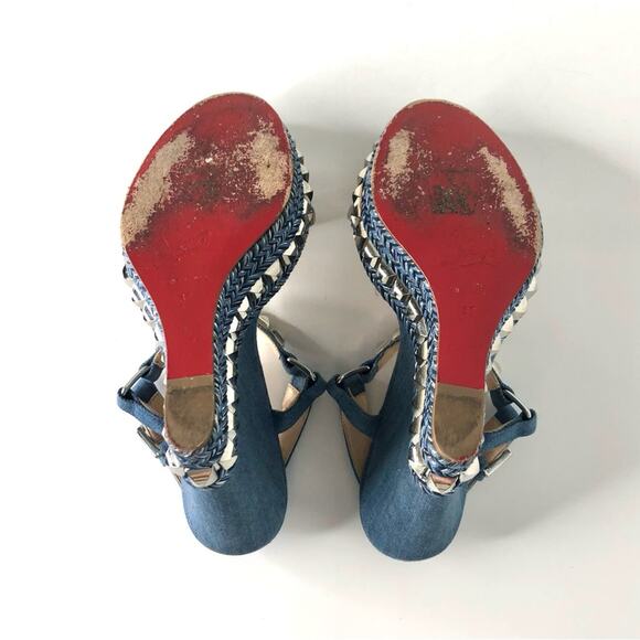 Christian Louboutin Cataclou 140 Jeans Silvers Studded Wedge Platform Sandals 37 - Picture 10 of 13